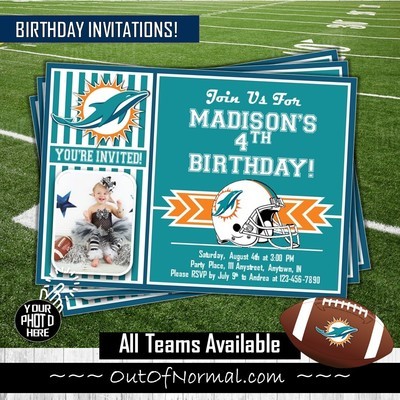 Miami Dolphins Photo NFL Football Birthday Invitation 5"x7"