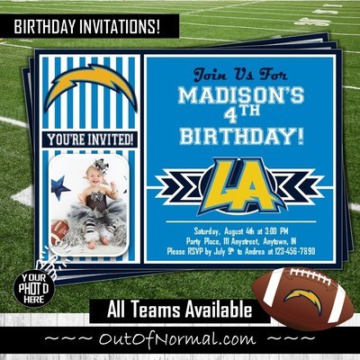 Los Angeles Chargers Photo NFL Football Birthday Invitation 5"x7"