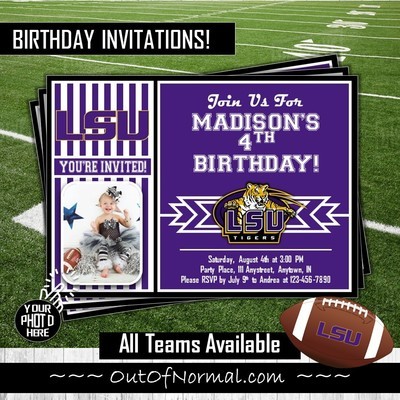 LSU Tigers College Football Birthday Invitation 5"x7" with photo