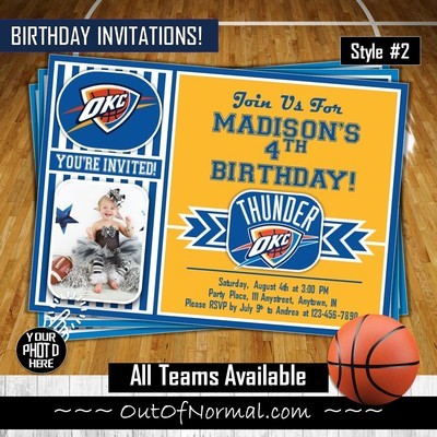 Oklahoma City Thunder NBA Basketball Birthday Invitation 5"x7" with photo