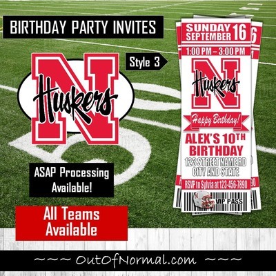 Nebraska Cornhuskers College NCAA Birthday Invitation Ticket Style