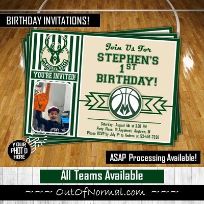 Milwaukee Bucks NBA Basketball Birthday Invitation 5x7