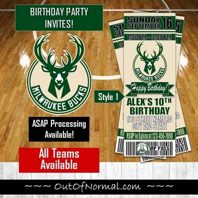 Milwaukee Bucks NBA Basketball Birthday Invitation Ticket Style