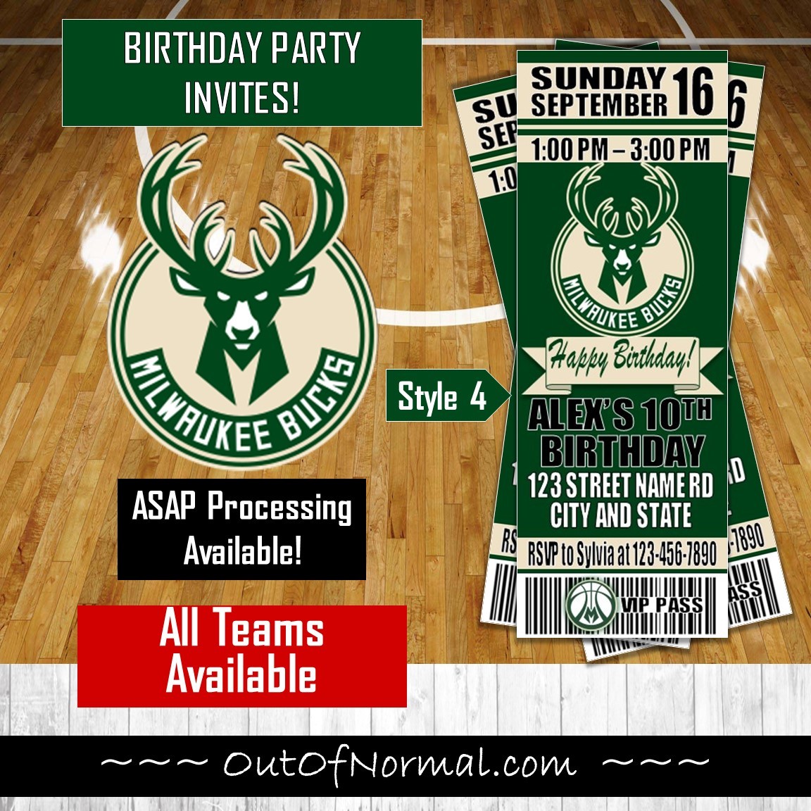 Milwaukee Bucks Ticket Style digital download party invite Basketball Birthday Invitation Personalised printable all ages
