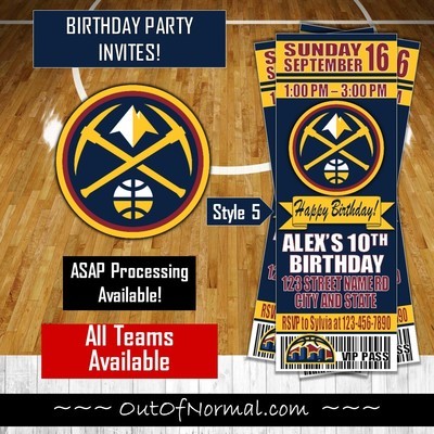 Denver Nuggets NBA Basketball Birthday Invitation Ticket Style