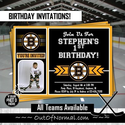 Boston Bruins NHL Hockey Birthday Invitation 5"x7" with photo
