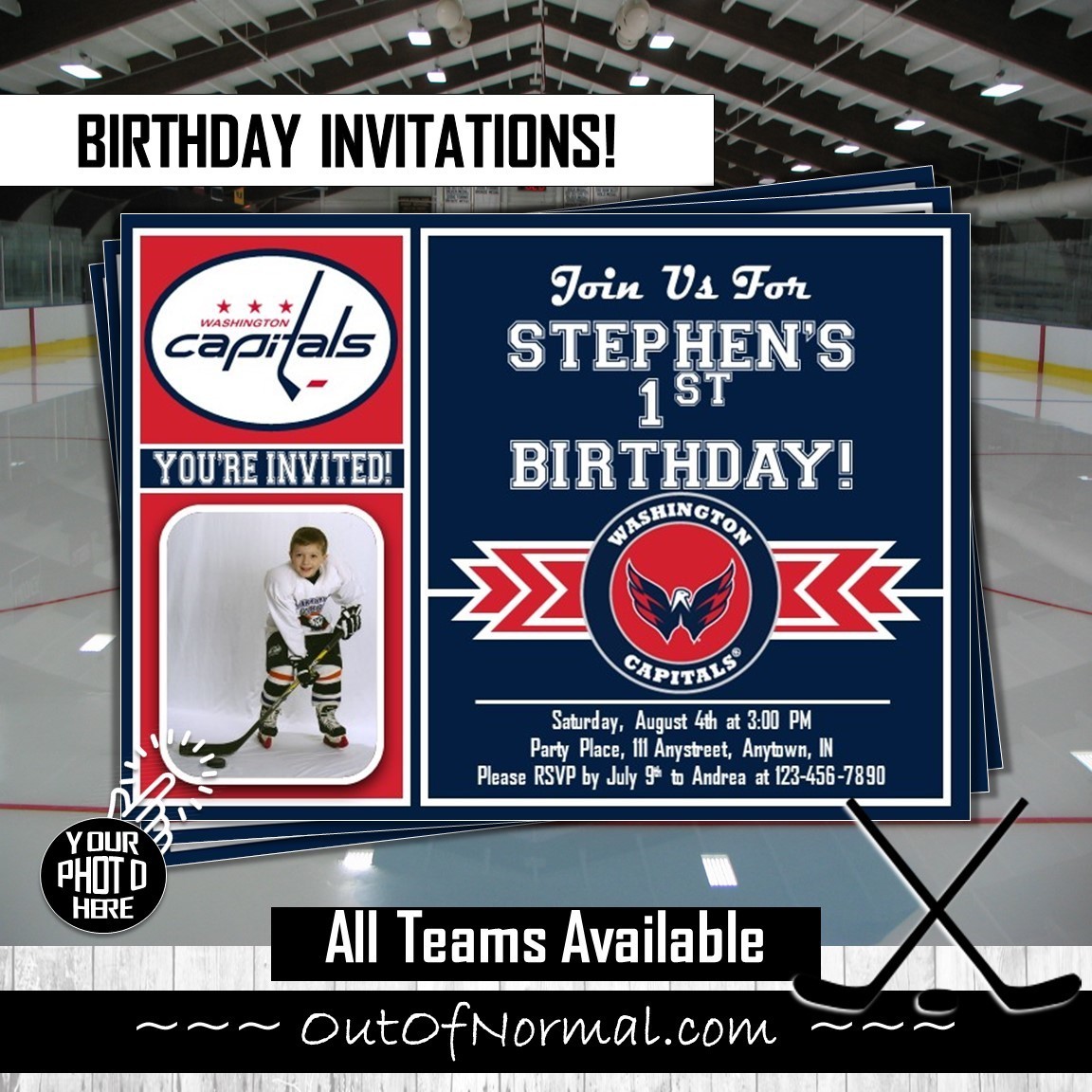 Washington Capitals Photo Birthday Invitation NHL Hockey, image size:1152x1152
