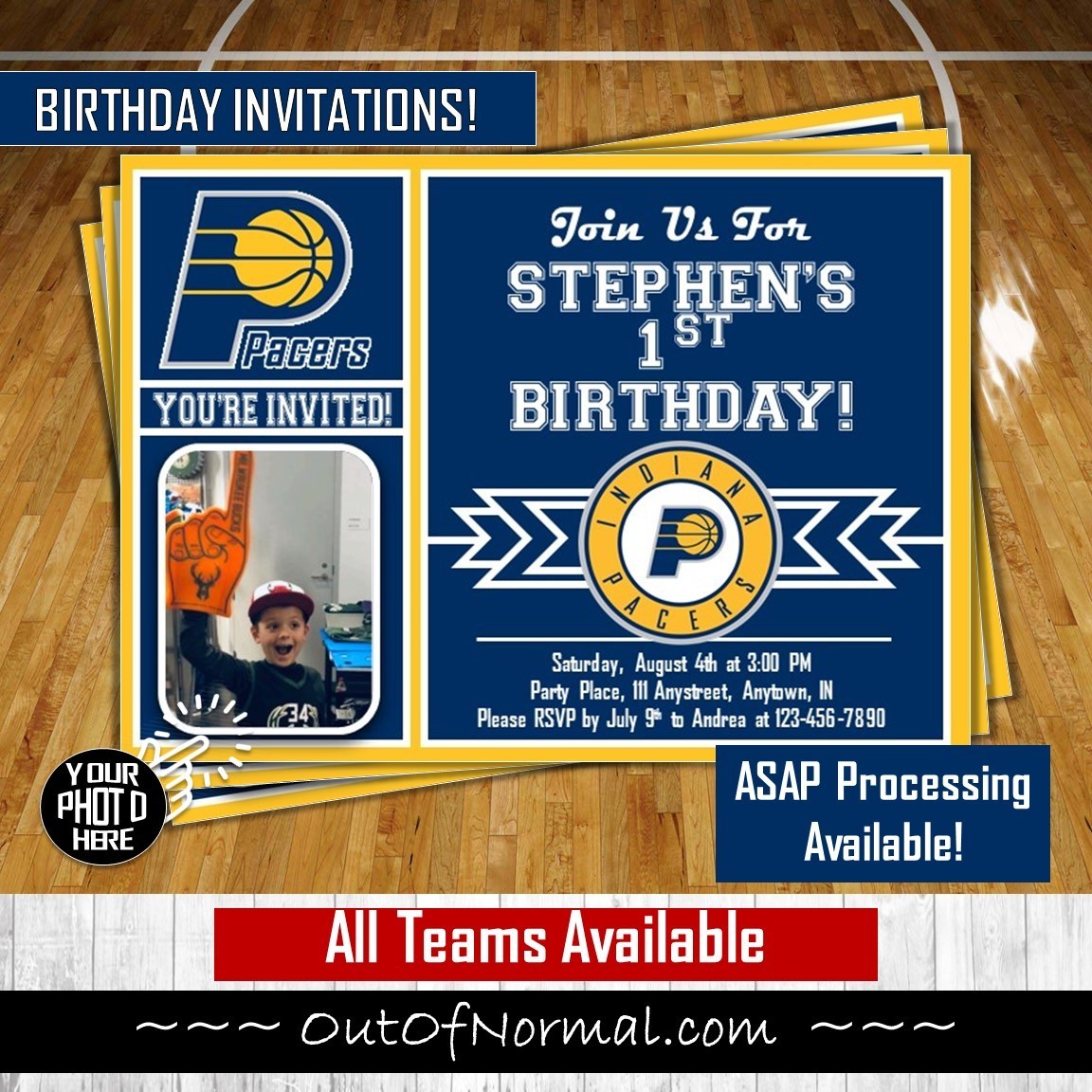Indiana Pacers NBA Basketball Birthday Invitation 5x7