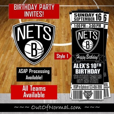 Brooklyn Nets NBA Basketball Birthday Invitation Ticket Style