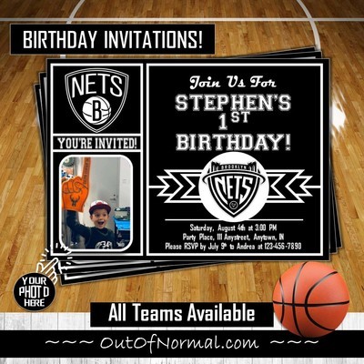 Brooklyn Nets NBA Basketball Birthday Invitation 5x7