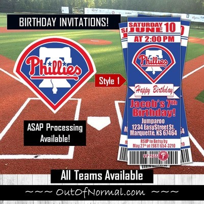 Philadelphia Phillies MLB Baseball Birthday Invitation Ticket Style