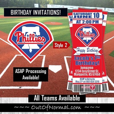 Philadelphia Phillies MLB Baseball Birthday Invitation Ticket Style