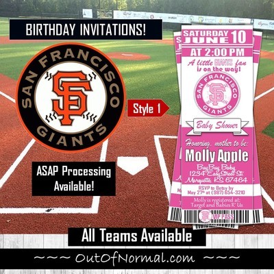 San Francisco SF Giants PINK Baby Shower MLB Baseball Ticket Invitation invite