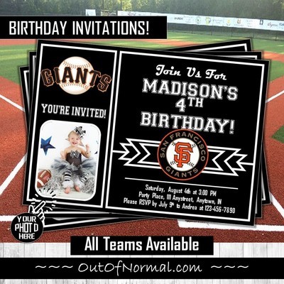 San Francisco SF Giants Photo MLB Baseball Birthday Invitation 5"x7"