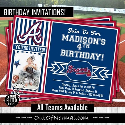 Atlanta Braves Photo MLB Baseball Birthday Invitation 5"x7"