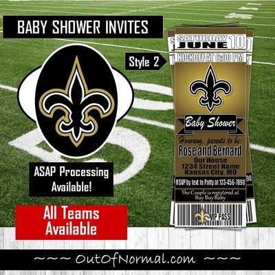 New Orleans Saints Football Baby Shower Invitation Ticket Style Baby Boy or Baby Girl