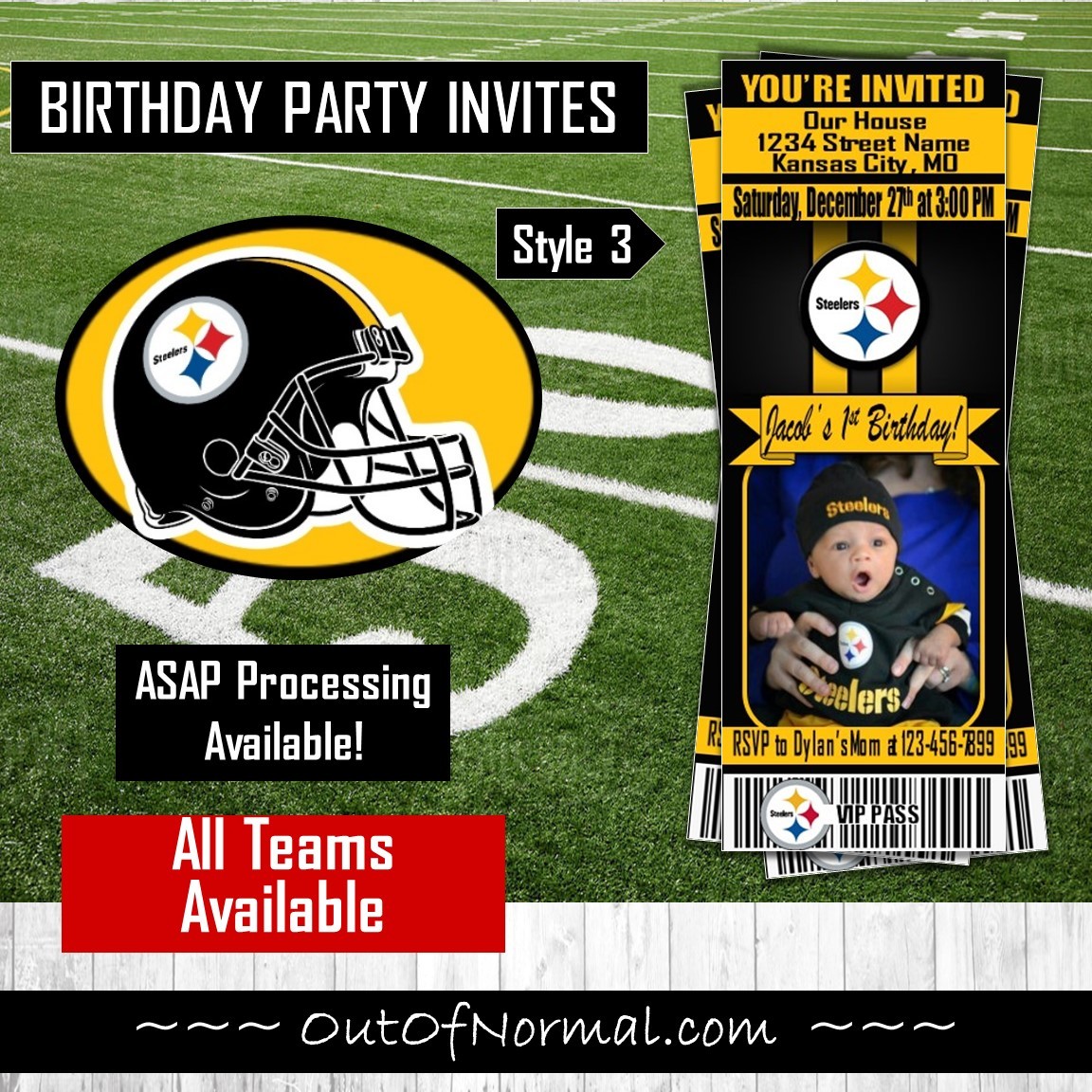 Pittsburgh Steelers Colored Football Party Ticket Invitation