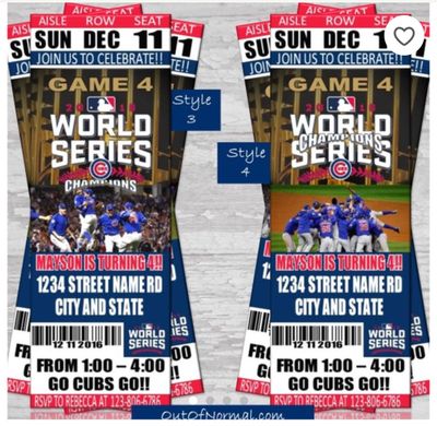 Chicago Cubs World Series MLB Baseball Birthday Invitation Ticket Style