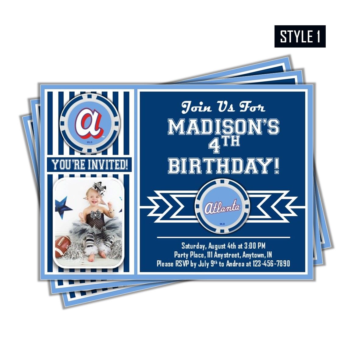 Atlanta Braves City Connect Photo MLB Baseball Birthday Invitation 5"x7"