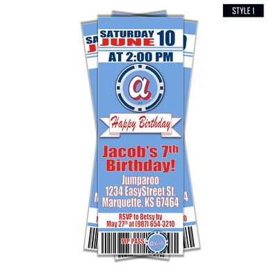 Atlanta Braves City Connect MLB Baseball Birthday Invitation Ticket Style