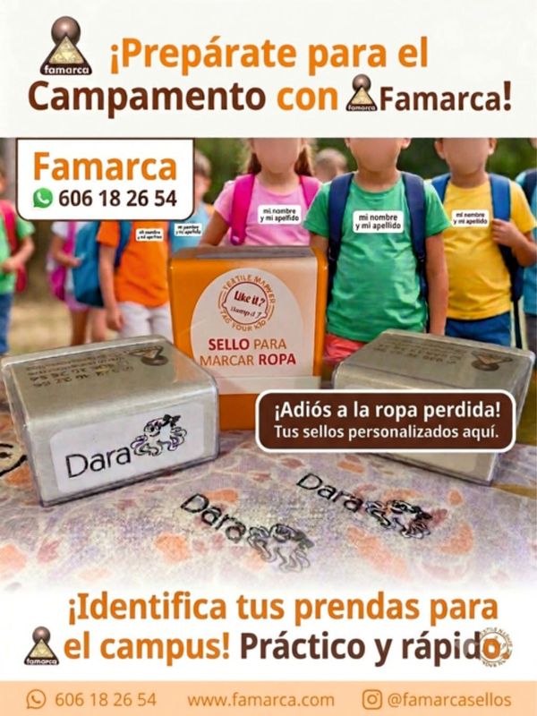 Sello de entintaje automático con texto personalizado para marcar ropa.