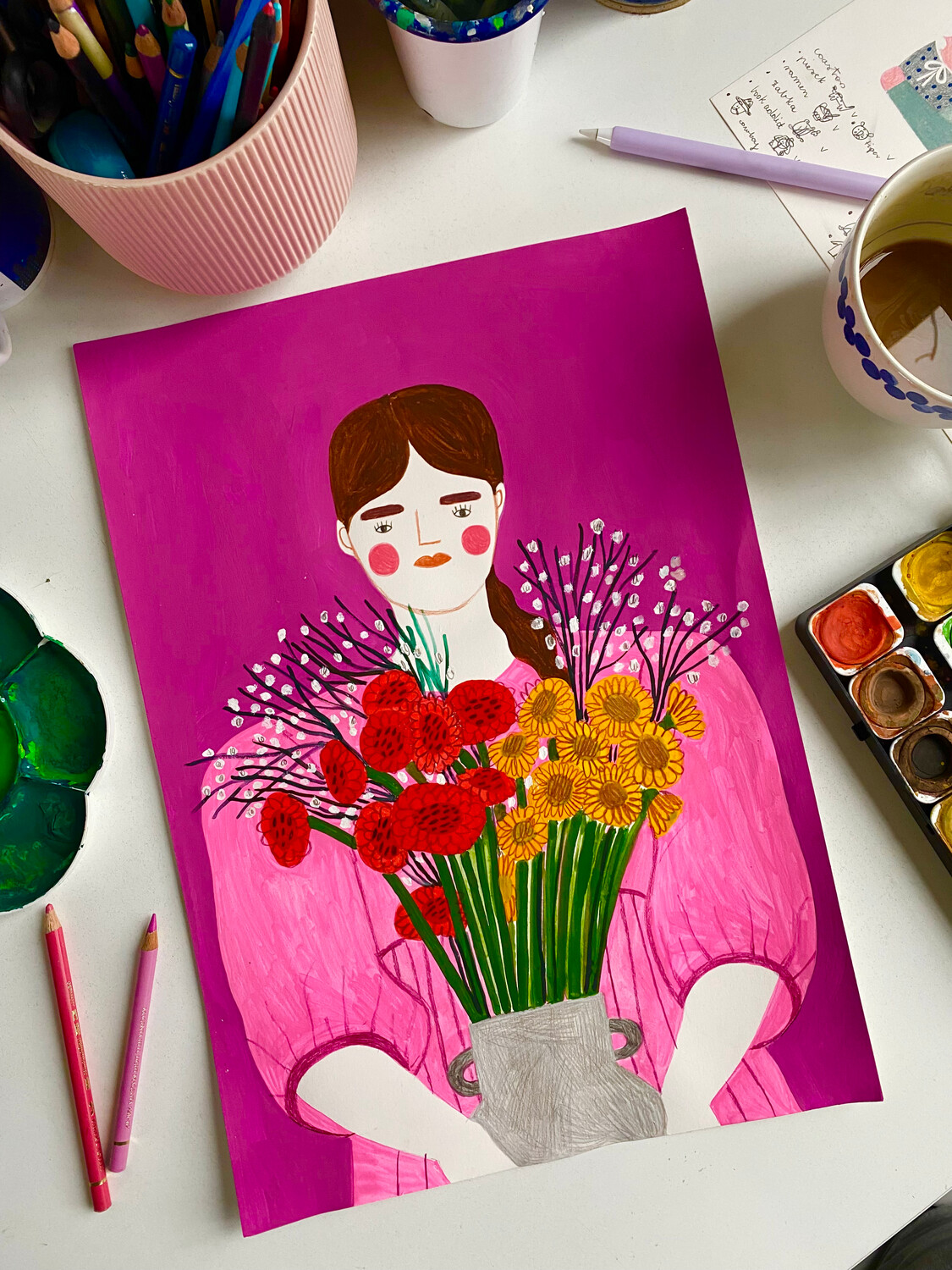 PINK FLOWER GIRL original painting A3