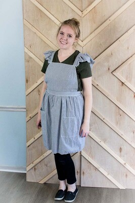 Ruffle Strap Apron In Black Seersucker