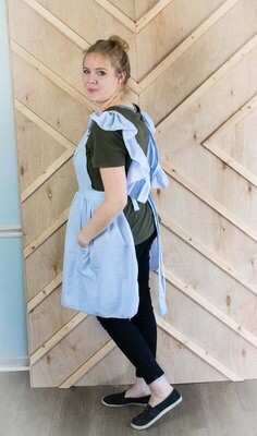 Ruffle Strap Apron In Light Blue Seersucker