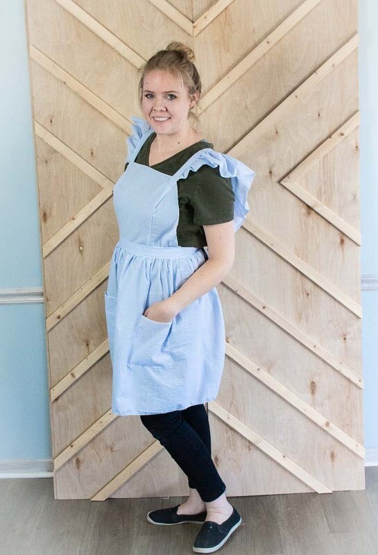 Ruffle Strap Apron In Light Blue Seersucker