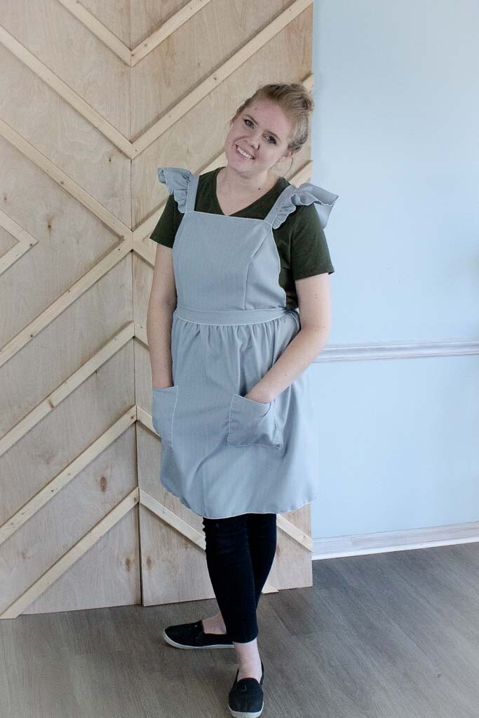Ruffle Strap Apron In Grey Pin Stripe