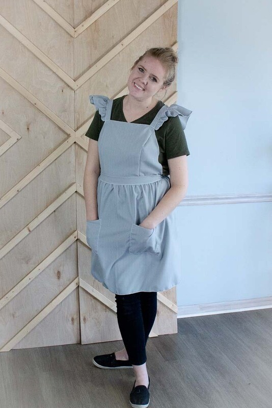 Ruffle Strap Apron In Grey Pin Stripe