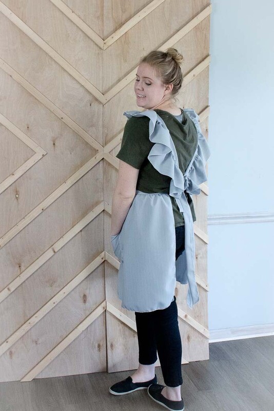 Ruffle Strap Apron In Grey Pin Stripe