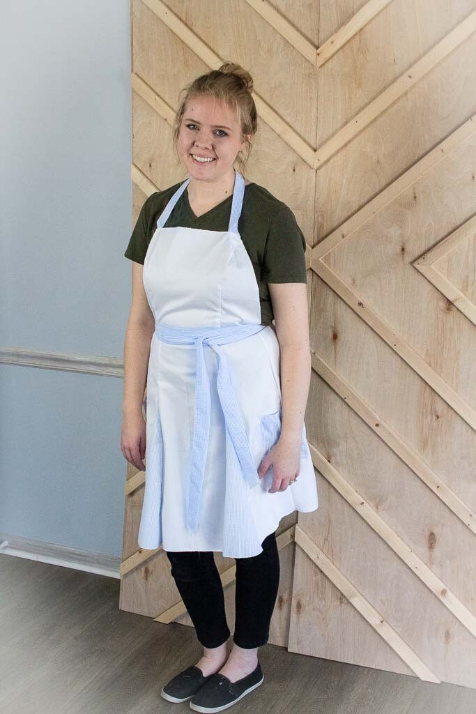Apron with Seersucker Godets in Light Blue