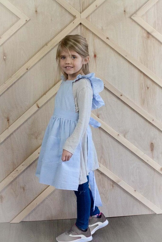 Ruffle Strap Apron In Light Blue Seersucker -Child