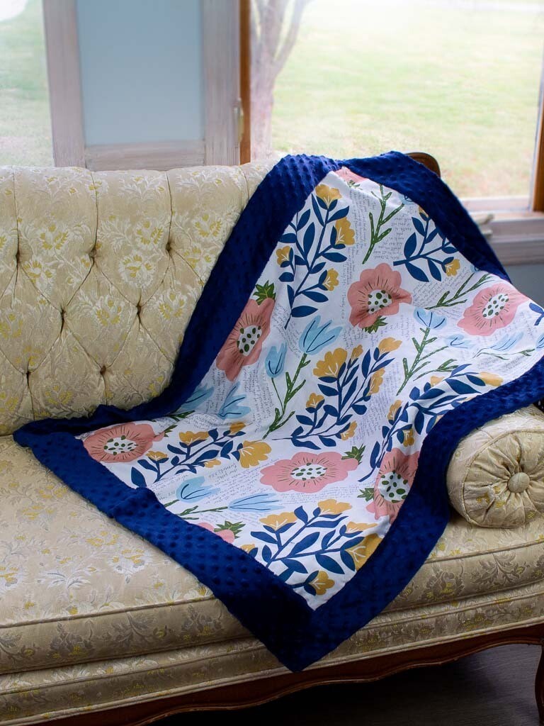 Quilted Blessings Blanket- Navy flowers, Navy Backing
