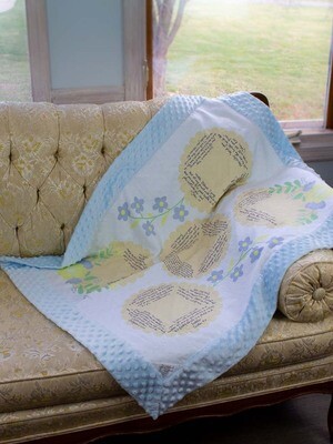 Quilted Blessings Blanket- peach flowers, Light Blue Backing