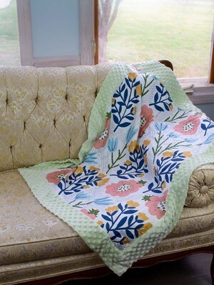 Quilted Blessings Blanket- Navy flowers, Light Green Backing