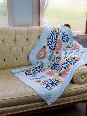 Quilted Blessings Blanket- Navy flowers, Light Blue Backing