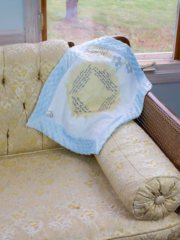 Quilted Blessings Blanket Small- Peach Flowers, Light Blue Backing
