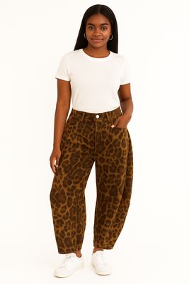 Brown Leopard print  barrel jeans