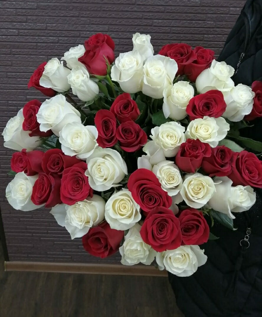 45 красно белых роз, высота 60 см