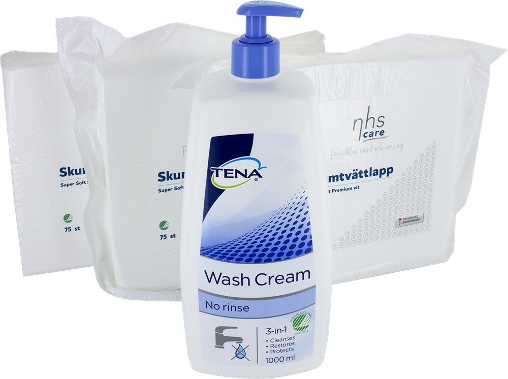 Hygienpaket "Soft" Tena tvättkräm 1000 ml och 3 fp skumtvättlapp