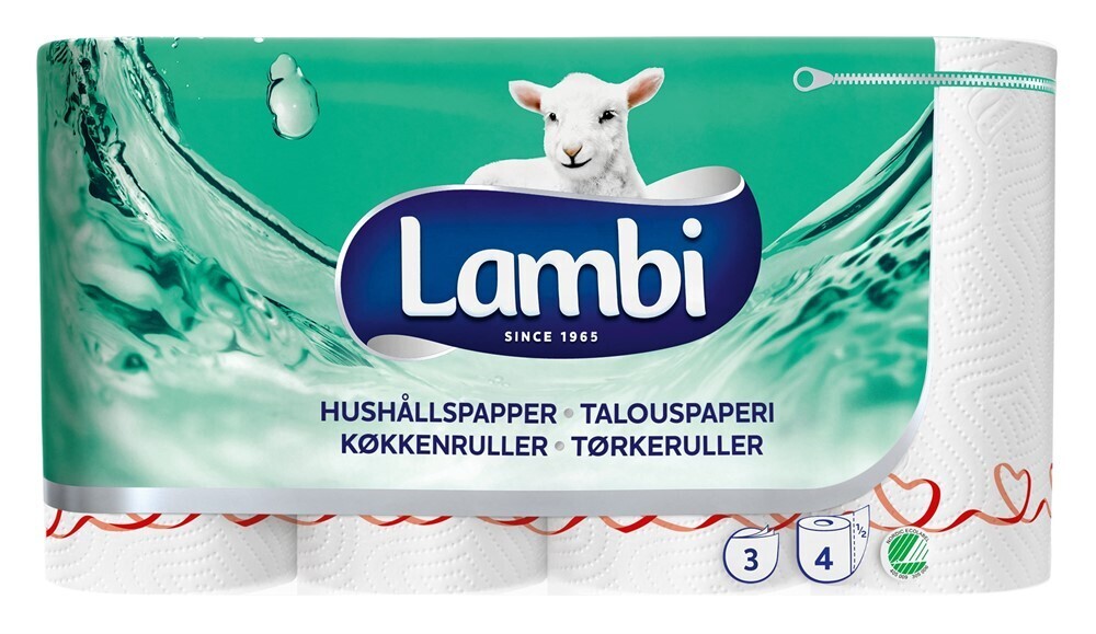 Hushållspapper 3-lag vit Lambi dekor 4 rl/fp 13 m/rl
