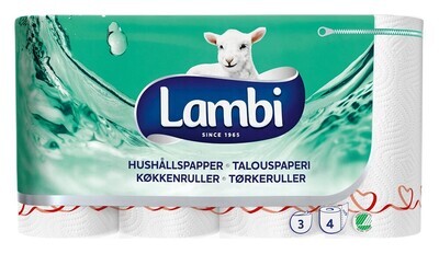 Hushållspapper 3-lag vit Lambi dekor 4 rl/fp 13 m/rl