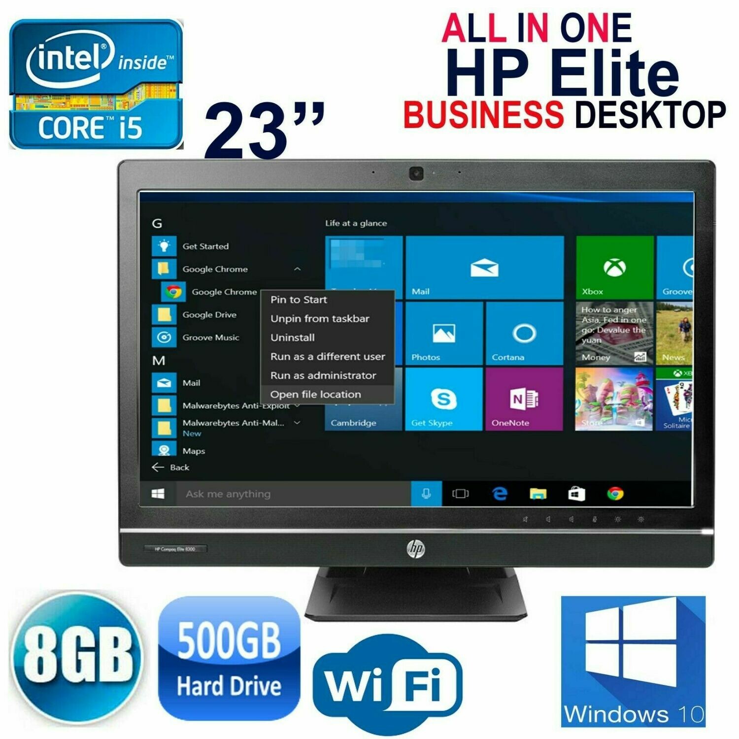 HP Compaq Elite 8300 23" AIO All In One Computer Core i5 8GB 500GB 2.67GHz WiFi Win10 PRO