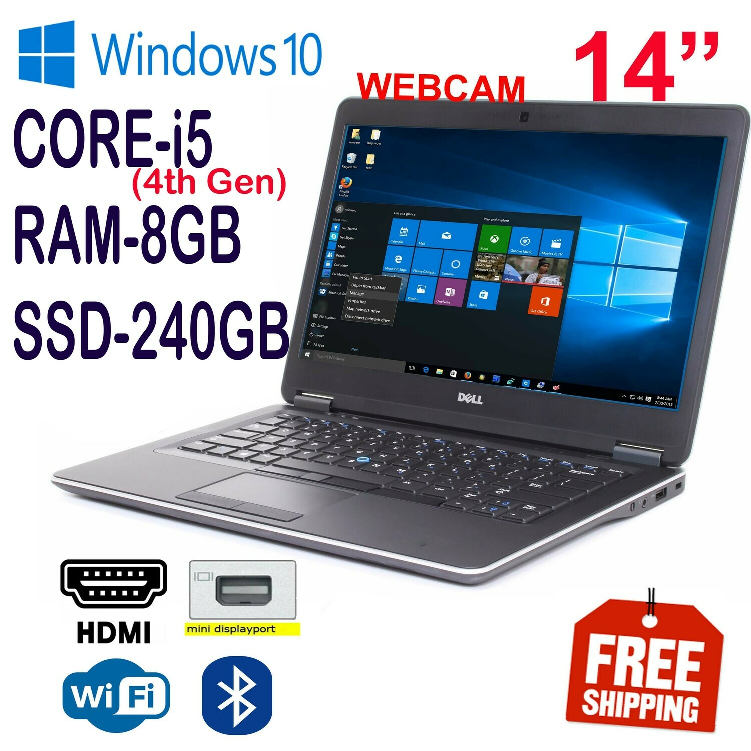Dell Latitude e7440 i5-4300U 8GB 240GB SSD-14" HD Graphics Notebook Laptop Win10