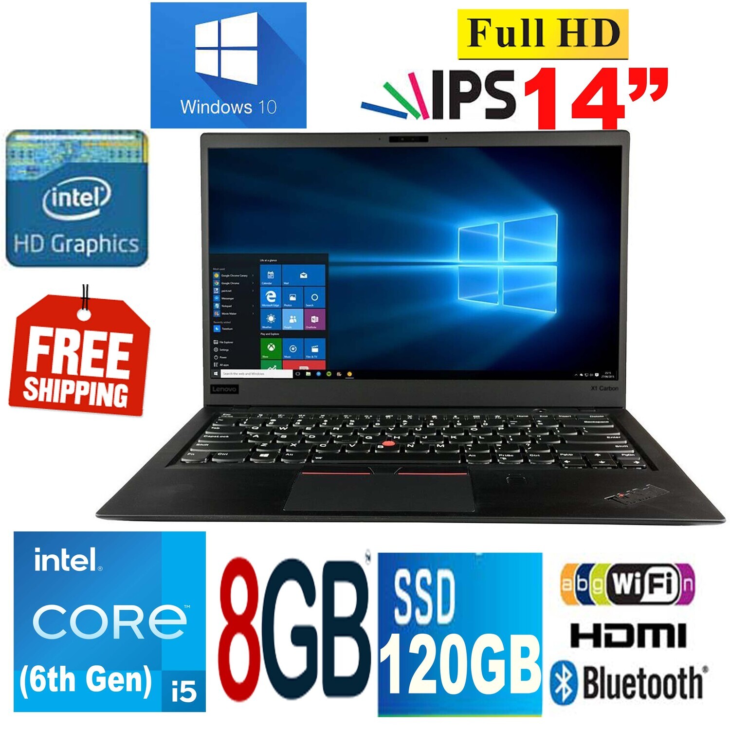 Lenovo X1 Carbon-14" FHD IPS Notebook Laptop i5-6300 8GB 120GB SSD Win10 PRO