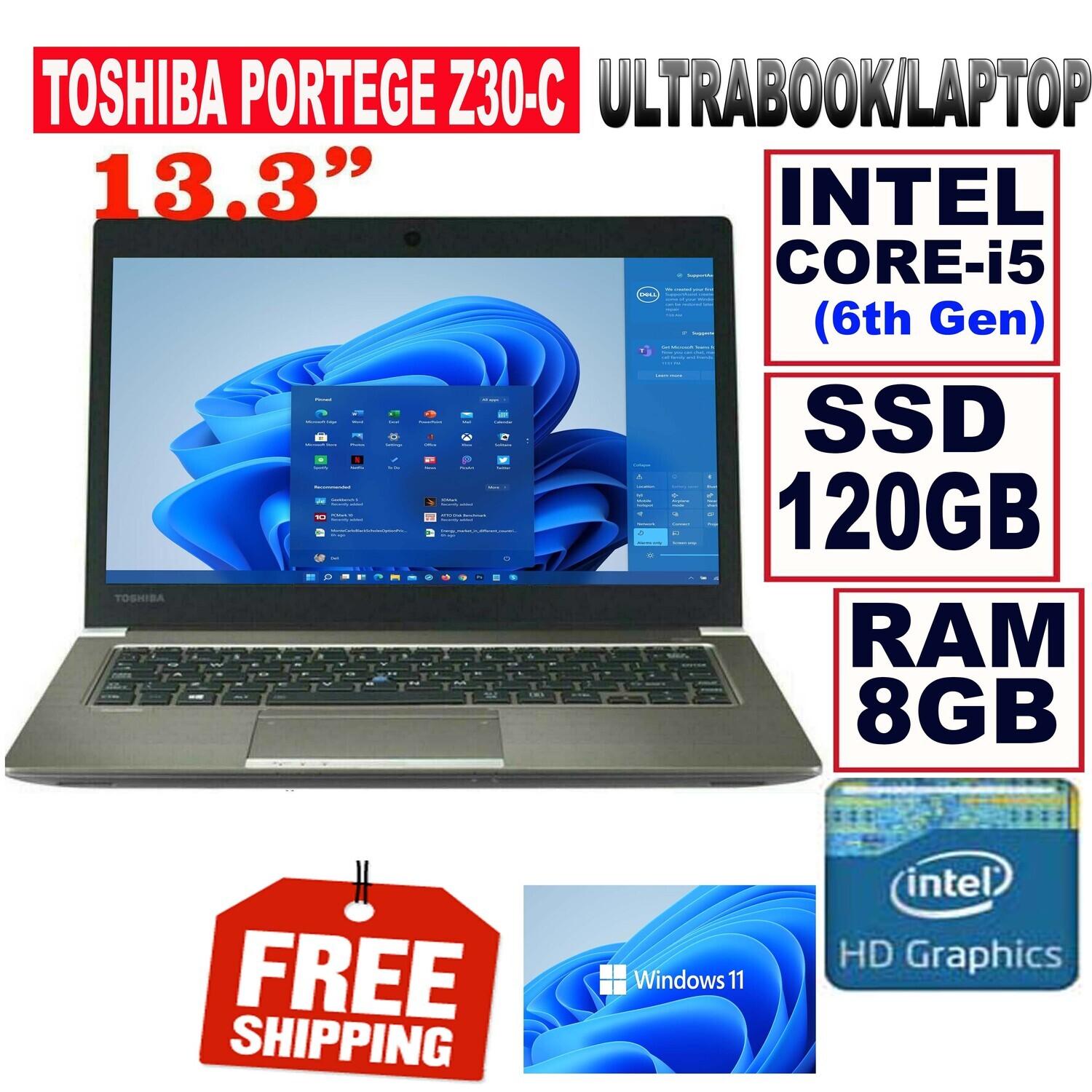 Toshiba Portege Z30C Notebook Laptop i5 6200U 8 GB 120GB SSD 13.3" HD Graphics Win11