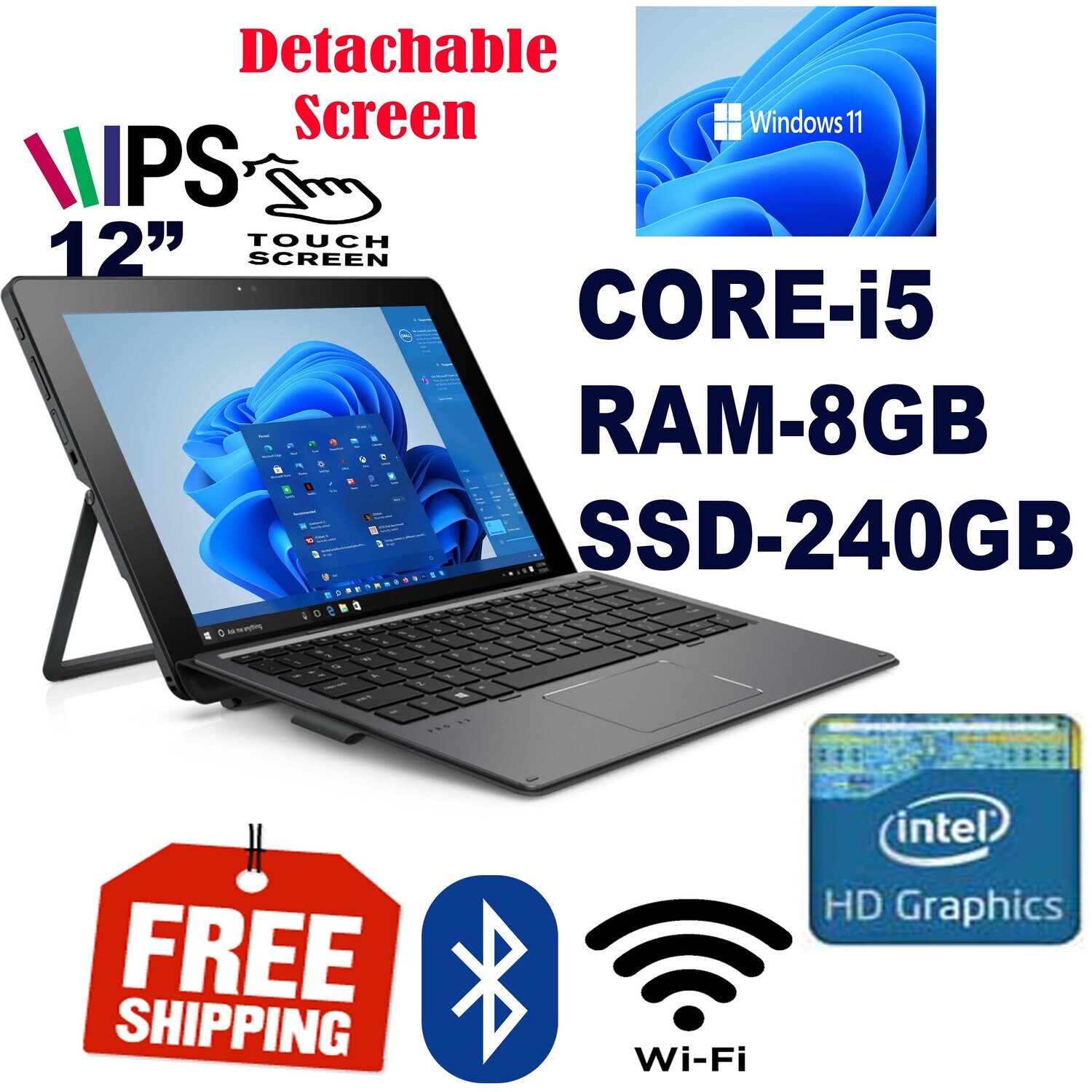 HP Pro X2 612 G2 Touchscreen Detachable FHD Laptop i5 1.6GHz 8GB 240GB SSD Win11
