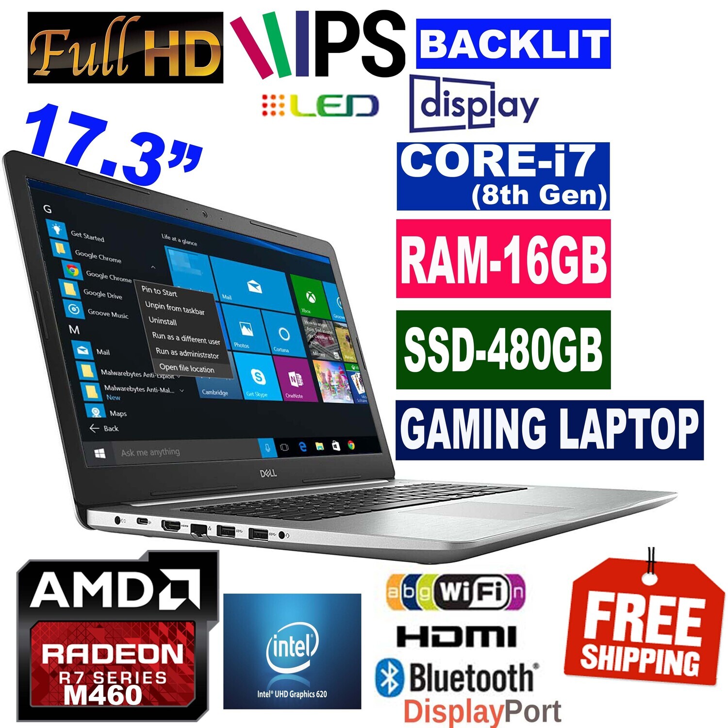 Dell Inspiron 5770-17.3" Gaming Laptop (i7-8200U 16GB 480GB SSD AMD Radeon R7 M460 Intel HD 620 Graphics Win10 PRO